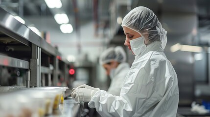 Obraz premium A food processing plant worker in a sterile environment efficiently packaging and labeling processed foods