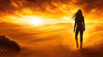 Woman Walking in Golden Desert at Sunrise with Dramatic Clouds