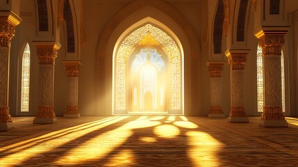 Golden Light Shining Through Ornate Arches in a Grand Interior