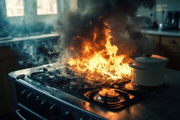 Kitchen fire starting on stovetop with thick smoke and intense flames during cooking. Generative AI