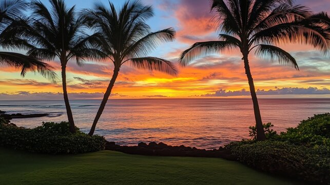 Farbenpr&auml;chtiger Sonnenuntergang am Meer mit Palmen