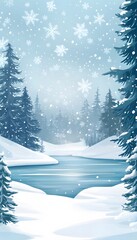 Fototapeta premium A serene winter landscape showing falling snow and evergreen trees