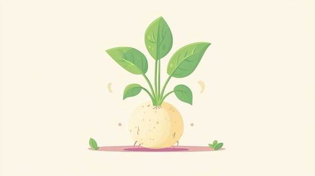 Minimalistic flat vector illustration of a round vegetable with green leaves sprouting from the top on a light background