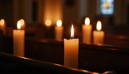 Burning candles with warm glow in dimly lit church interior