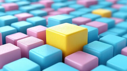 Obraz premium Brightly colored, three-dimensional blocks in pastel shades of blue, pink, and yellow form a captivating abstract pattern that evokes a playful and cheerful environment