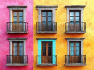 Fototapeta premium Colorful building facade with balconies and windows. Perfect for travel, architecture, or real estate projects.