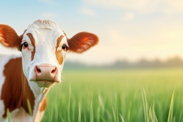 Dairy cow grazing in a lush green pasture during soft sunrise light, highlighting natural organic farm life