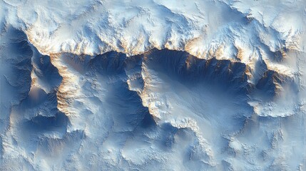 Aerial view of snow-covered mountain range, showing texture and depth. Ideal for backgrounds, illustrating cold climates, or abstract art projects.