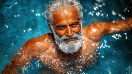 A senior man with a silver beard and tan skin swims joyfully in a clear blue pool. Sunlight dances on the water's surface, creating a serene atmosphere