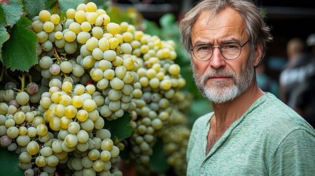 A mature man with glasses stands among abundant green grapevines at a vineyard during the late summer harvest, portraying a sense of pride and connection to the land