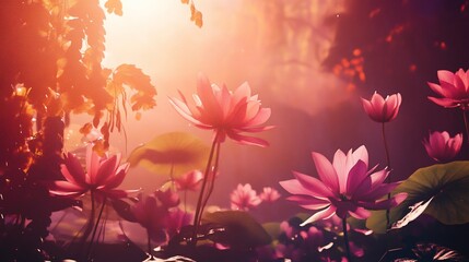 Sunlit pink lotus flowers in a mystical forest.