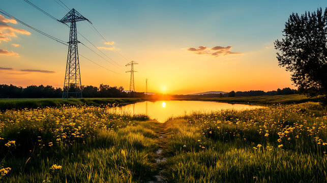 Sunset Landscape with Electricity Pylons and Pond - Powered by Adobe
