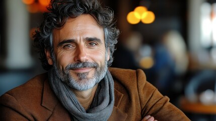 Fototapeta premium A man with curly hair and a well-groomed beard sits comfortably in a stylish cafe. He wears a brown jacket and a scarf, smiling warmly as light filters through the room