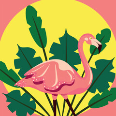 Pink Flamingo Vector poster on pink background with big summer sun and green plants. Summer colored illustration