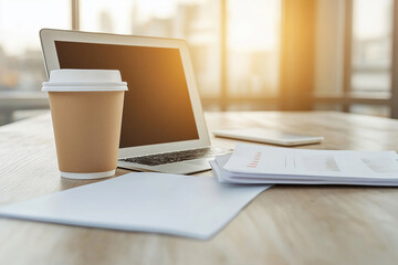 Fototapeta premium Morning workspace with coffee, laptop, and documents in a modern office setting