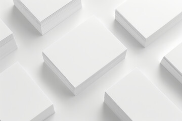 Fototapeta premium A collection of white business cards is displayed on a clean white surface, showcasing a minimalist design ideal for branding and professional networking