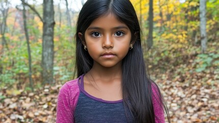 Fototapeta premium A young girl with long black hair is standing still in a forest filled with fallen leaves. The vibrant autumn foliage adds a warm touch to the cool atmosphere
