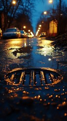 Nighttime Urban Puddle Reflections with City Lights and Bokeh Effect, Low Angle View Capturing Moody Atmosphere for Abstract Background Concept