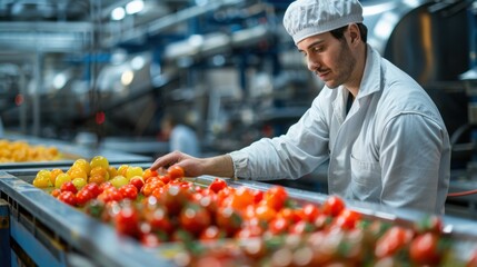 Obraz premium A food processing plant worker in a sterile environment efficiently packaging and labeling processed foods