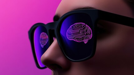 A close-up of a digital brain made of interconnected circuits, reflecting in the glasses of a tech entrepreneur.