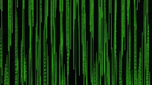 A digital matrix of glowing green symbols cascading downward, evoking a futuristic cyberspace and high-tech data flow..