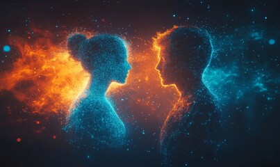 Obraz premium Digital Silhouettes Connecting in Network, Blue and Orange Light, Night Scene, Human Connection, Technology Integration, Abstract Art of People and