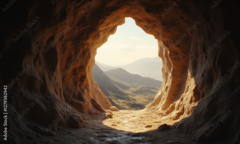 Wall mural Sunlit cave opening revealing distant mountains