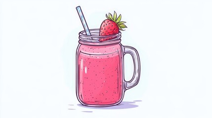 Fresh Strawberry Smoothie in a Jar with Straw and Berry Decoration