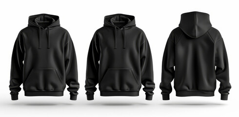 Modern black hoodie sweatshirt displayed in multiple views, highlighting its sleek design and comfortable fit, perfect for casual outdoor or indoor wear