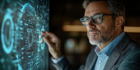 Businessman Interacting with a Holographic Interface Indicating a DDoS Attack Alert, Symbolizing Cybersecurity Threats and Network Protection
