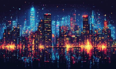 Obraz premium Retro Pixel Art Futuristic Cityscape with Old and Modern Buildings - 8-bit Video Game Interface Background, Nighttime, Cyberpunk Theme