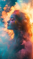 Vibrant Holi Festival Imagination and Dreamlike Fantasy with Colorful Surreal Portrait of Woman Embracing Colors in Dreamy Clouds and Ethereal