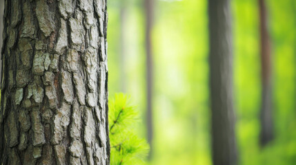Obraz premium close up of tree trunk in lush, green forest with blurred background