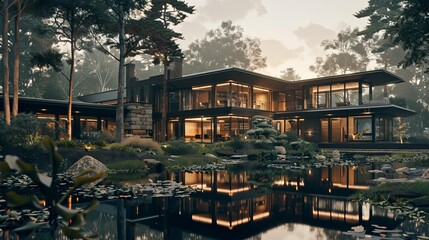 Obraz premium Stunning modern house with glass and wood elements reflecting in tranquil water at sunset.
