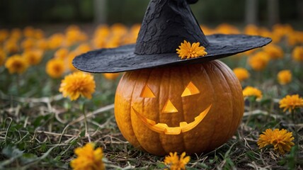 Halloween Pumpkin, Halloween pumpkin with hat and carved spooky face, Close-up image of jack-o-lantern isolated on halloween background
