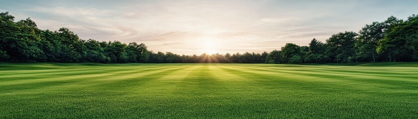 Majestic Sunrise Over Lush Green Field with Trees and Clear Blue Sky in a Peaceful Natural Landscape