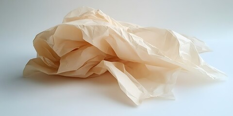 Crumpled Beige Tissue Paper on White Background
