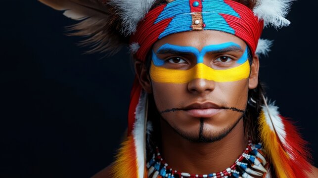 Indian male warrior in traditional national costume with feathers and painted face