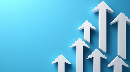 Upward Arrows on Blue Background Symbolizing Growth, White arrows pointing upwards on a blue background, symbolizing growth or progress