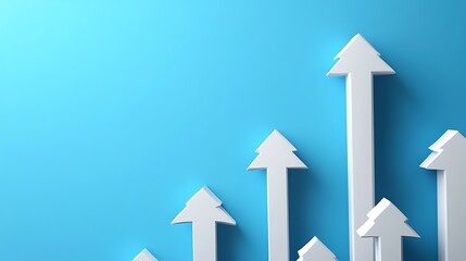 Fototapeta premium Upward Arrows on Blue Background Symbolizing Growth, White arrows pointing upwards on a blue background, symbolizing growth or progress