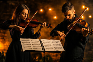 Fototapeta premium A couple performing a violin duet in a warm, candlelit setting, deeply focused on their sheet music, creating a romantic and harmonious musical atmosphere