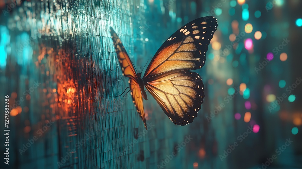 Poster a holographic butterfly floating in a metallic environment