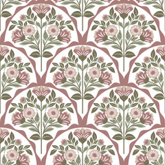 Seamless pattern with folk art elements. Elegant Scandinavian floral design with traditional motifs on a white background. Perfect for textiles, wallpaper, wrapping paper, and decorative projects.