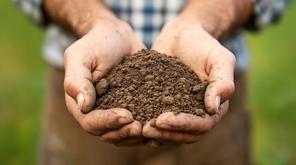 A close-up of a farmer’s hands holding a handful of rich, dark soil