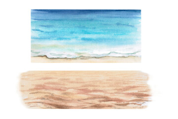 Set of two images - sea and sandy shore. Isolated watercolor illustrations-constructor for forming a landscape background of the sea coast.