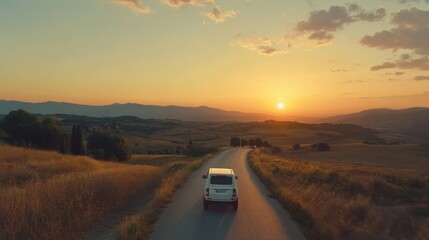 White truck driving on the asphalt road in rural landscape at sunset