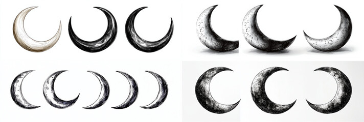 A Set of black and white hand drawing half moon design isolated on white background