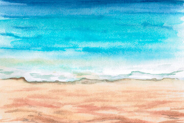 Seascape. Watercolor illustration, background for decoration of themed events on a marine theme, printing on clothes, base for advertising of sporting goods, interior decoration of restaurants.