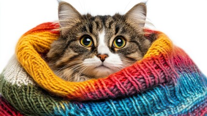 Naklejka premium Cat wrapped in colorful knitted blanket looking curiously at the camera indoors during daylight hours