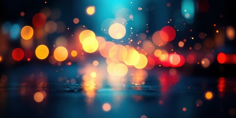 Bokeh lights create a mesmerizing urban atmosphere on a rainy night with vibrant colors and reflections